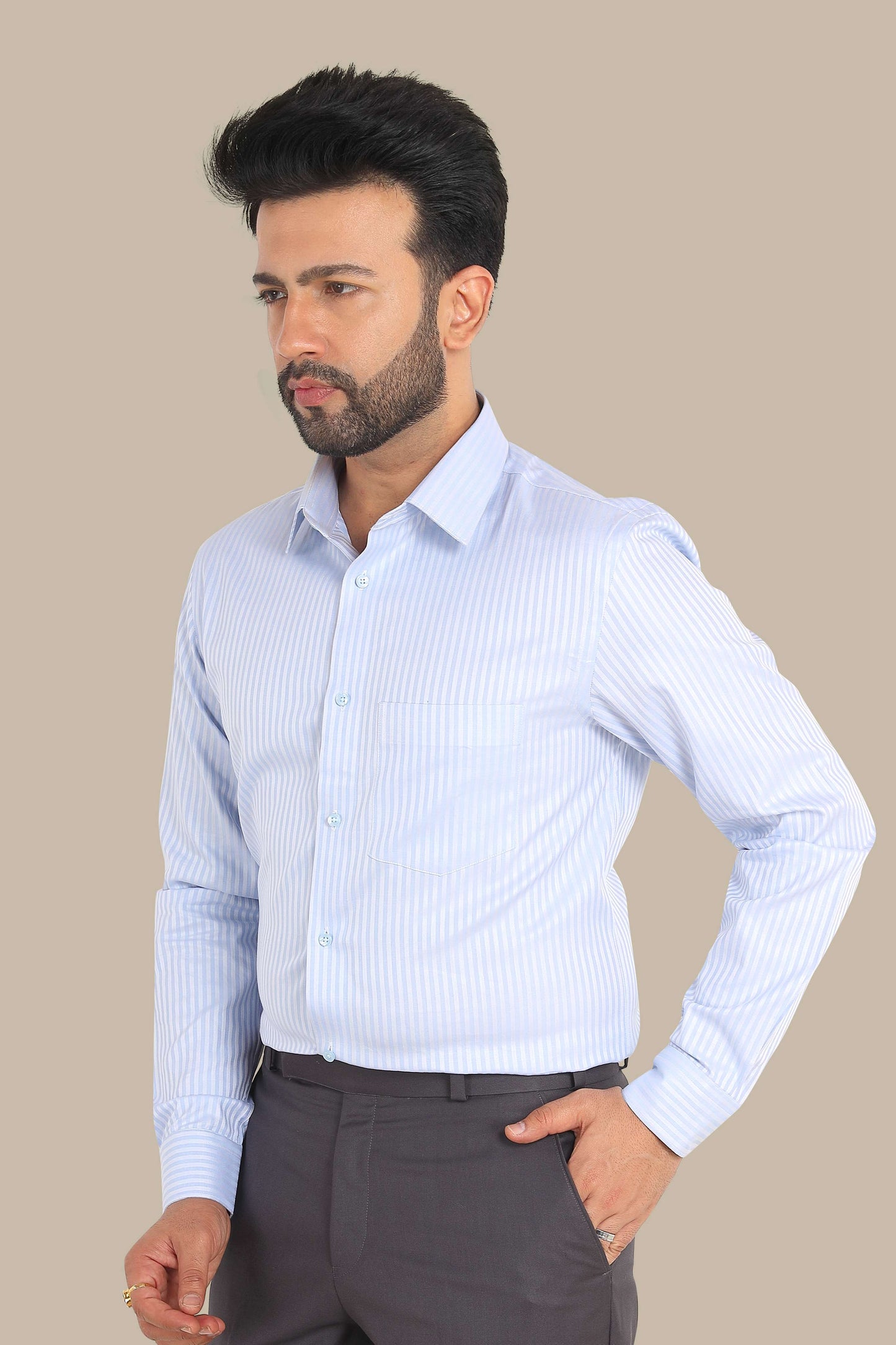 Sky Blue Stripe Design Shirt – Premium Cotton | Smart & Modern Style