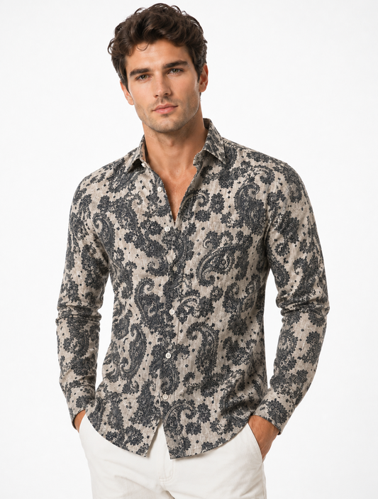 Charcoal Paisley Print Shirt in Sand Beige