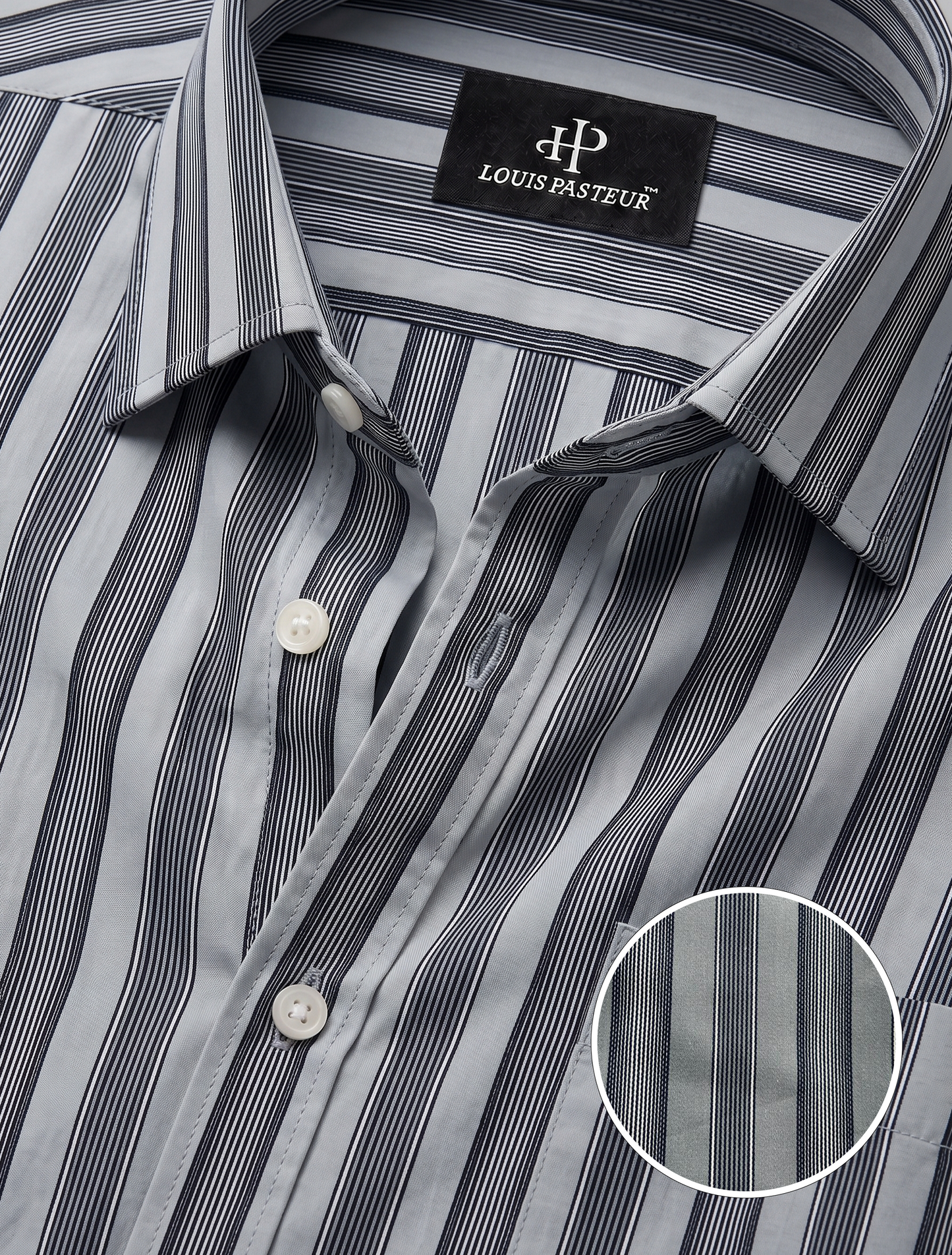 Louis Pasteur Premium Grey Vertical Striped Cotton Shirt for Men