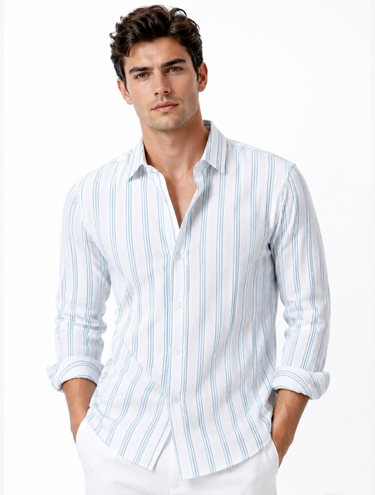 Sky Blue Striped Linen Blend Shirt