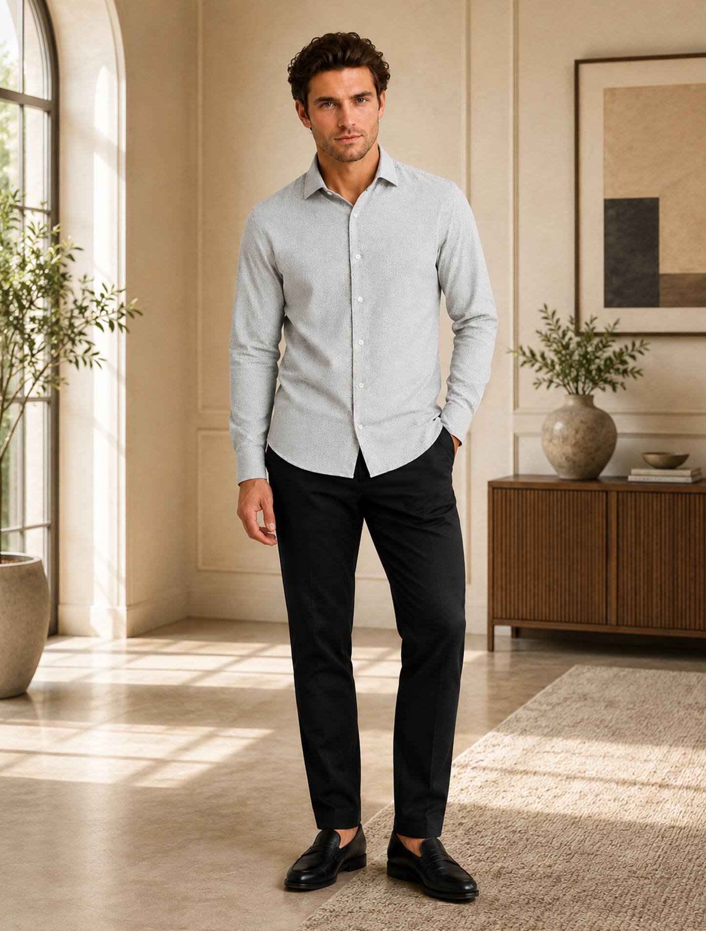 Pearl Grey Micro Herringbone Cotton Shirt
