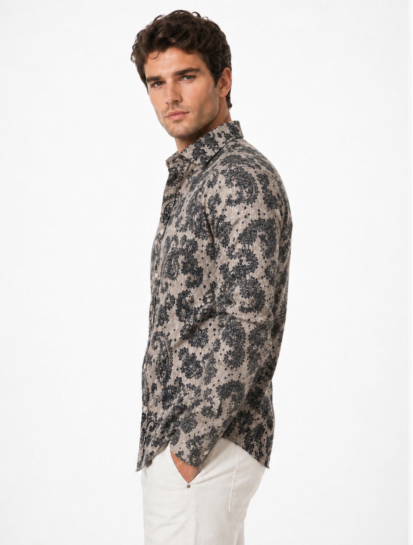 Charcoal Paisley Print Shirt in Sand Beige