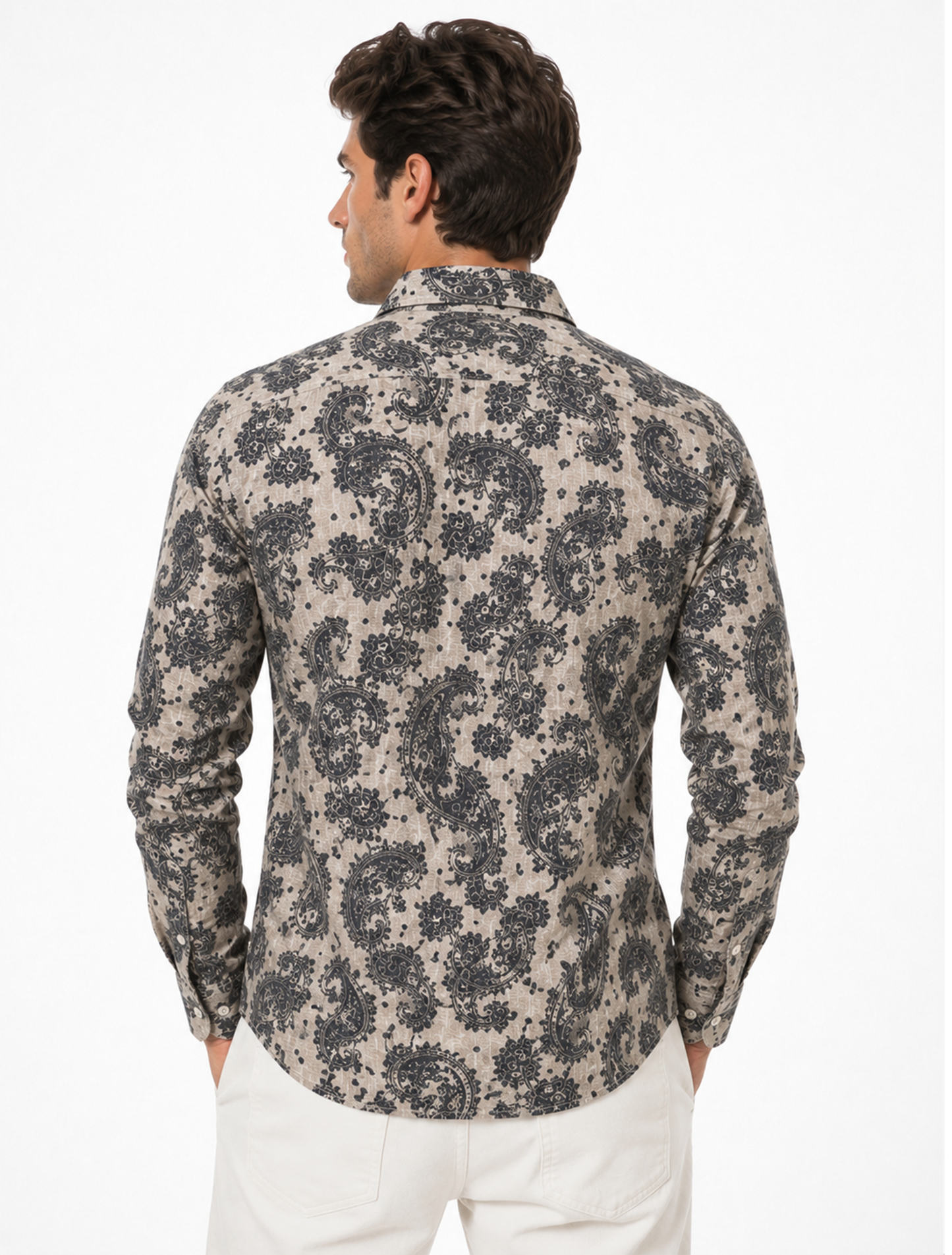 Charcoal Paisley Print Shirt in Sand Beige
