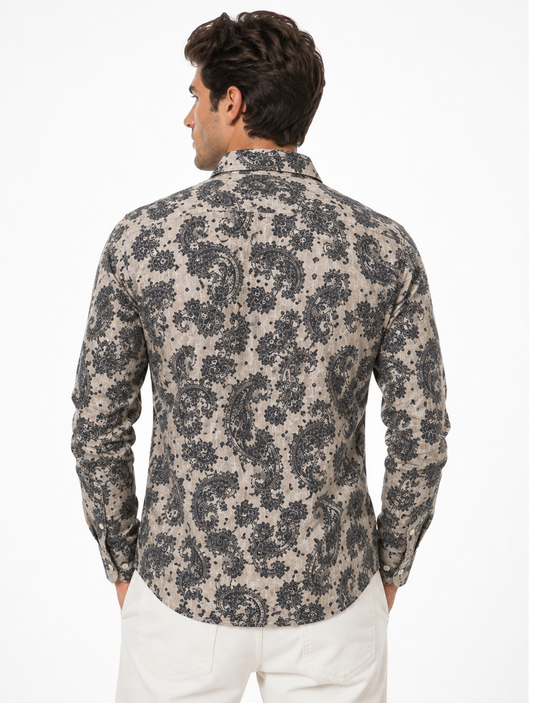 Charcoal Paisley Print Shirt in Sand Beige