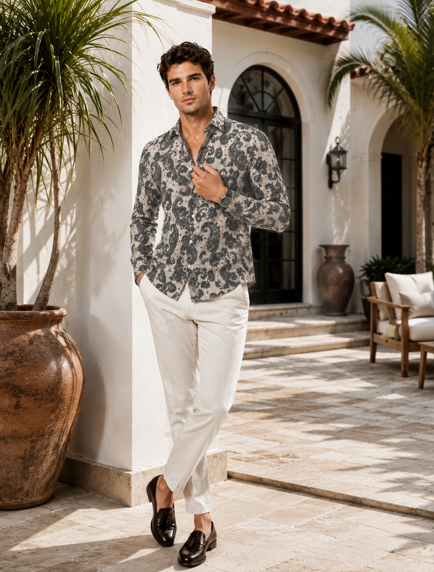 Charcoal Paisley Print Shirt in Sand Beige