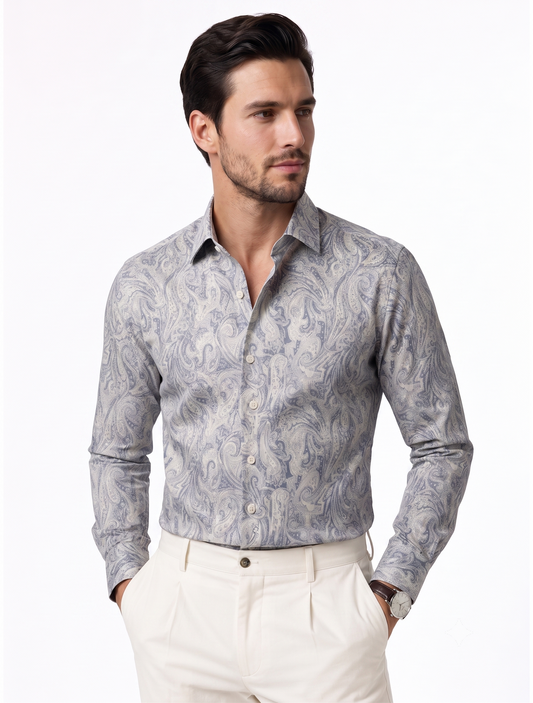 Men's Silver Grey Paisley Print Shirt | Premium Designer Formal Shirt