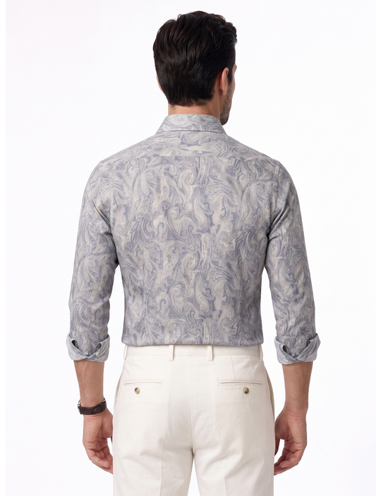 Men's Silver Grey Paisley Print Shirt | Premium Designer Formal Shirt
