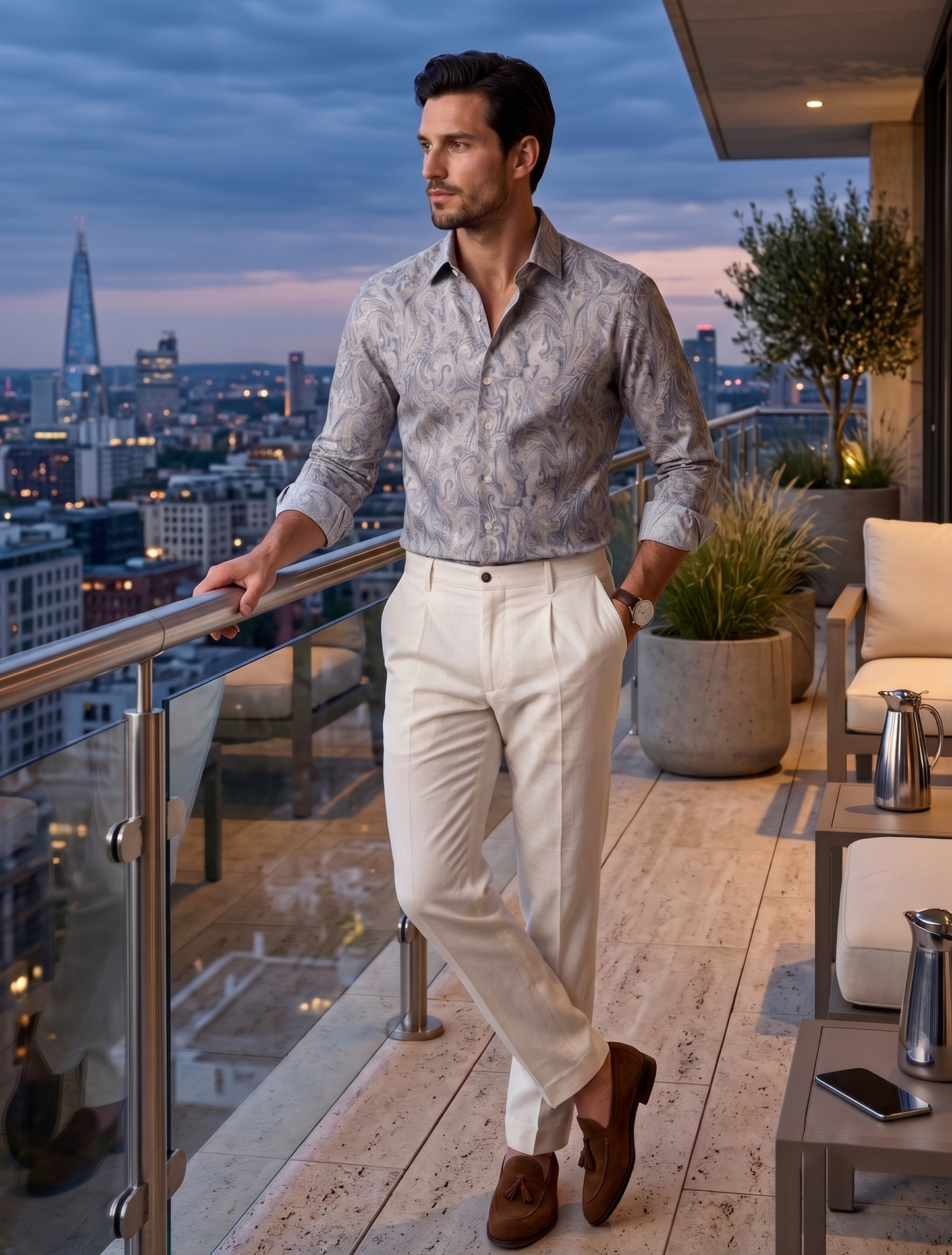 Men's Silver Grey Paisley Print Shirt | Premium Designer Formal Shirt