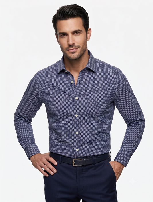 Men's Navy Micro Geometric Print Shirt | Premium Formal Shirt