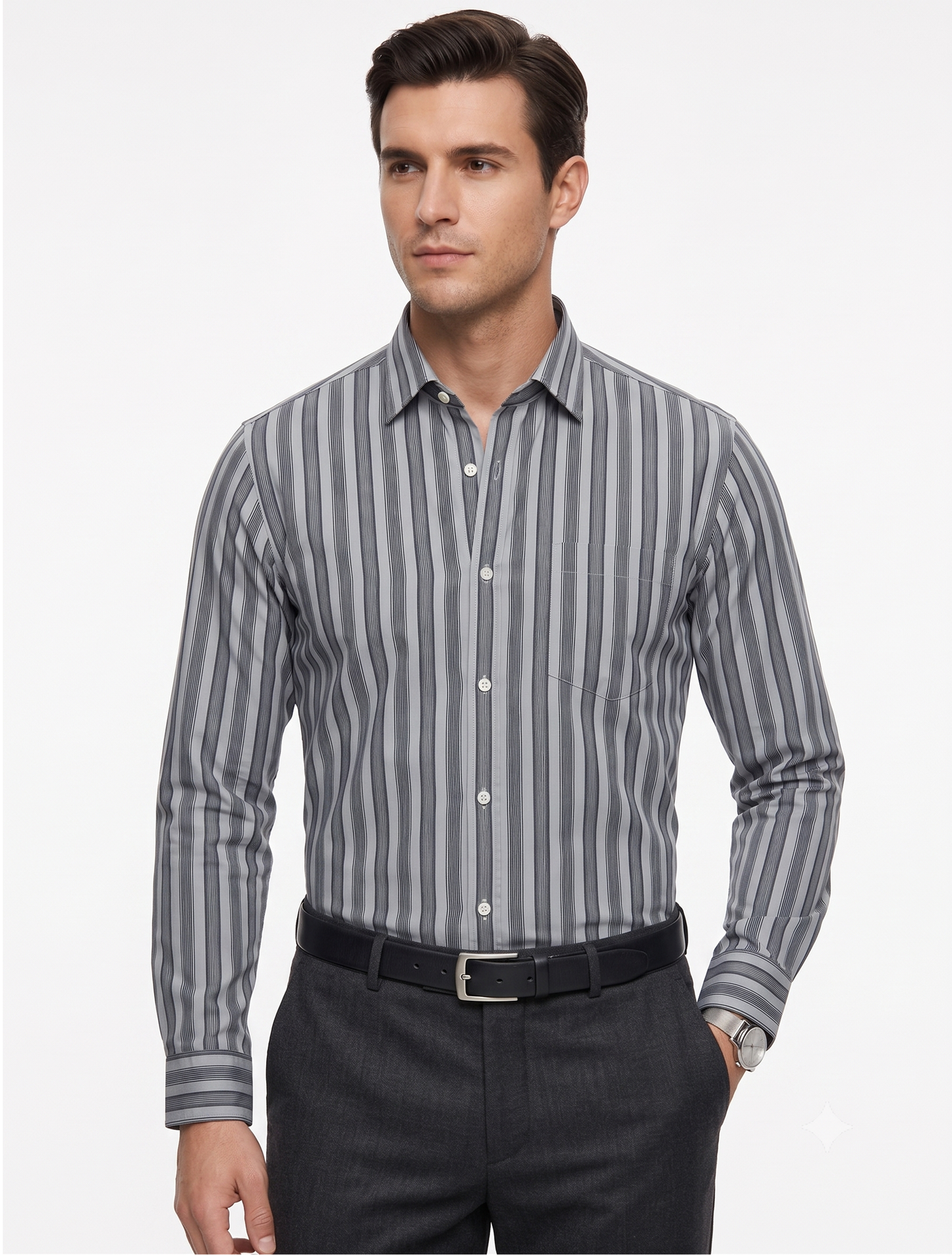 Louis Pasteur Premium Grey Vertical Striped Cotton Shirt for Men