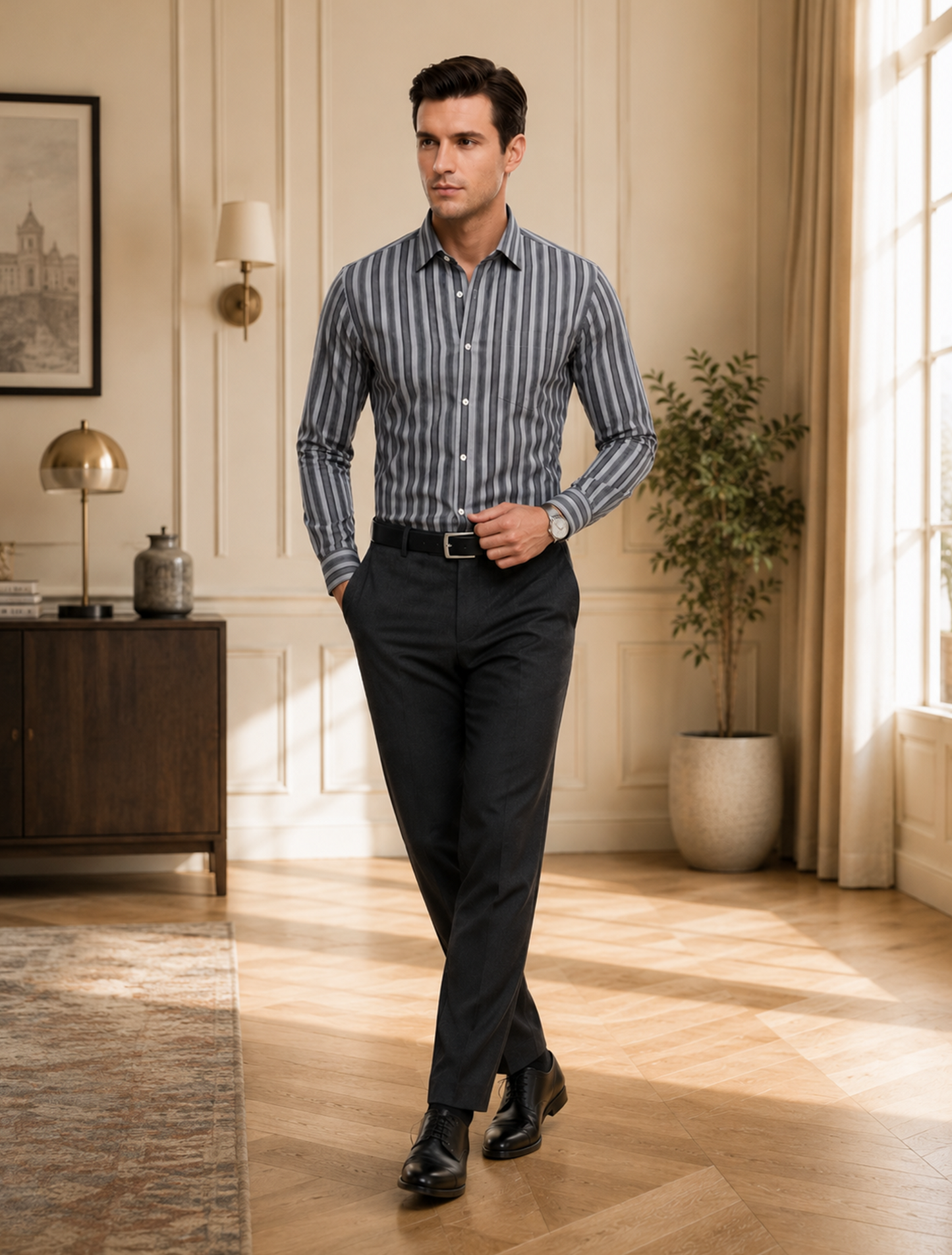 Louis Pasteur Premium Grey Vertical Striped Cotton Shirt for Men