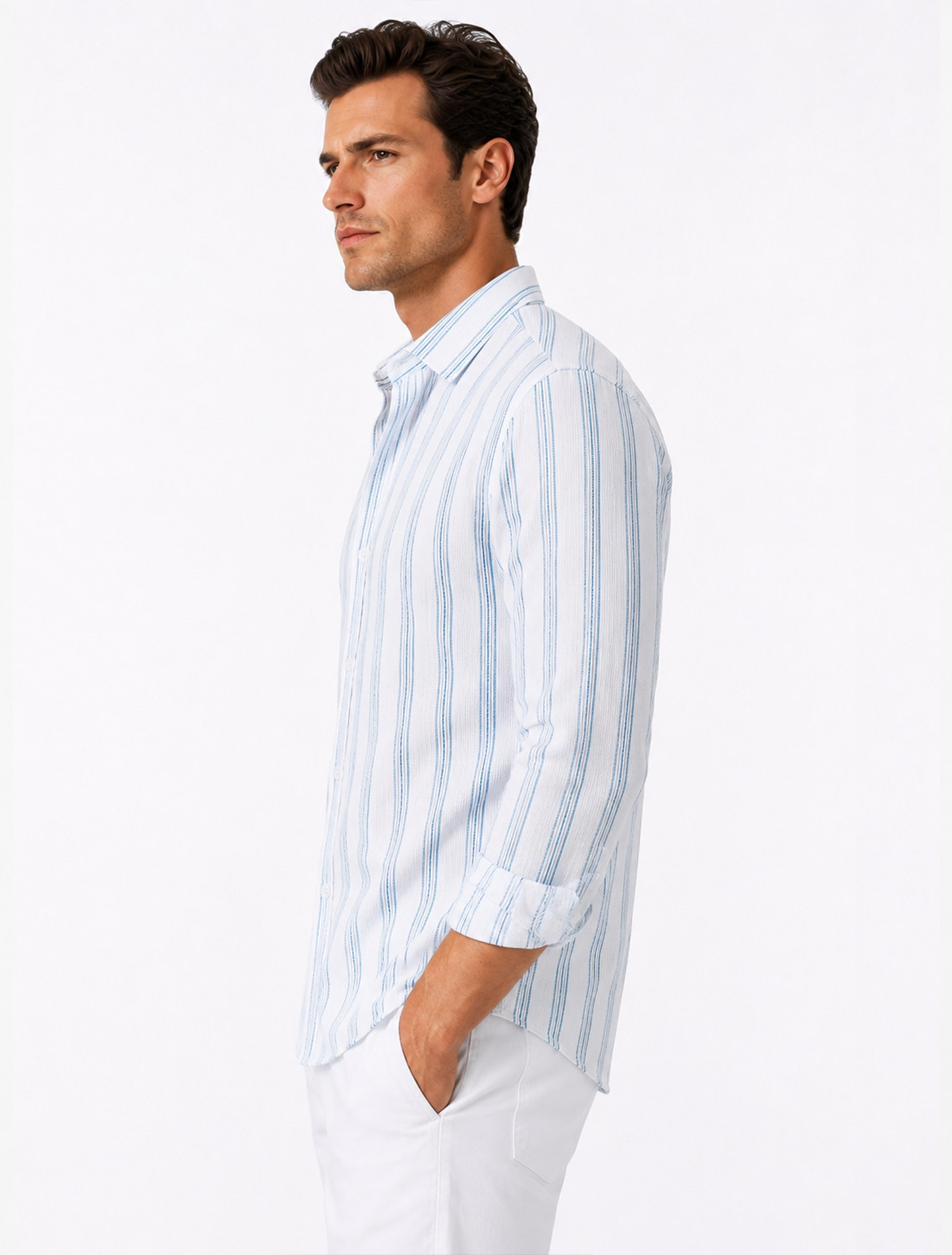 Sky Blue Striped Linen Blend Shirt