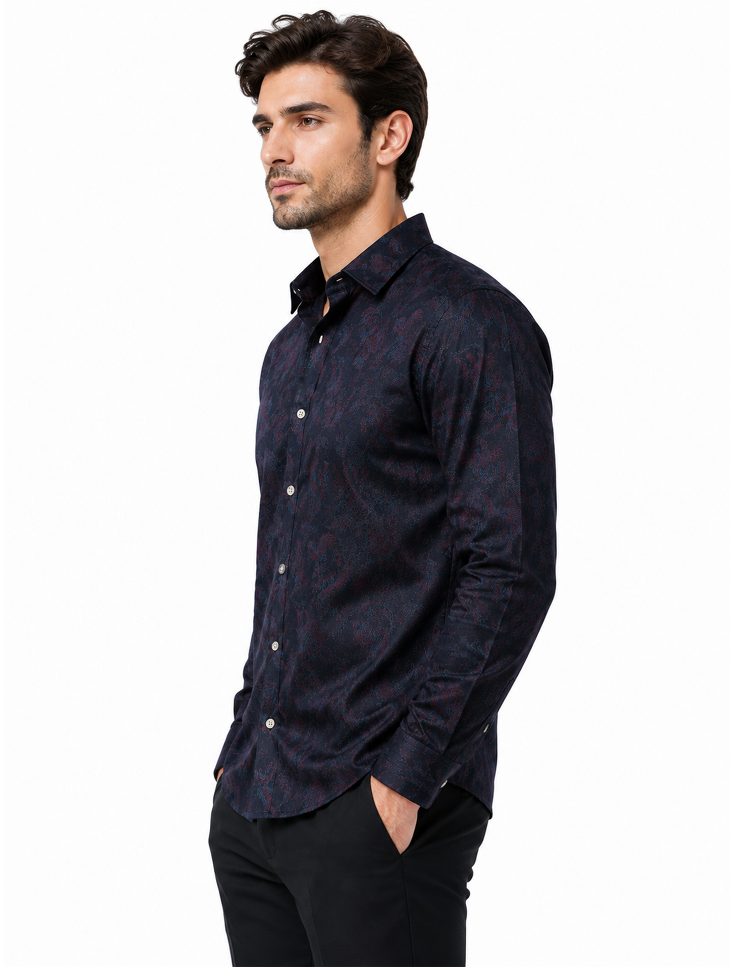 Men's Navy Blue Abstract Paisley Print Cotton Full Sleeve Shirt