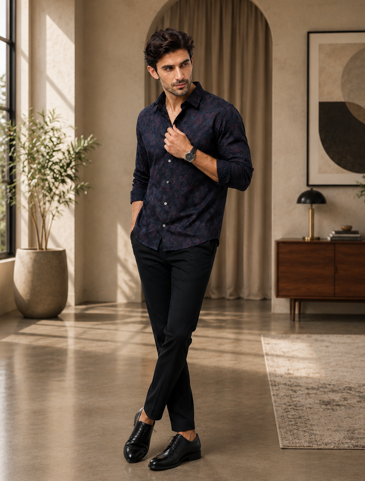 Men's Navy Blue Abstract Paisley Print Cotton Full Sleeve Shirt