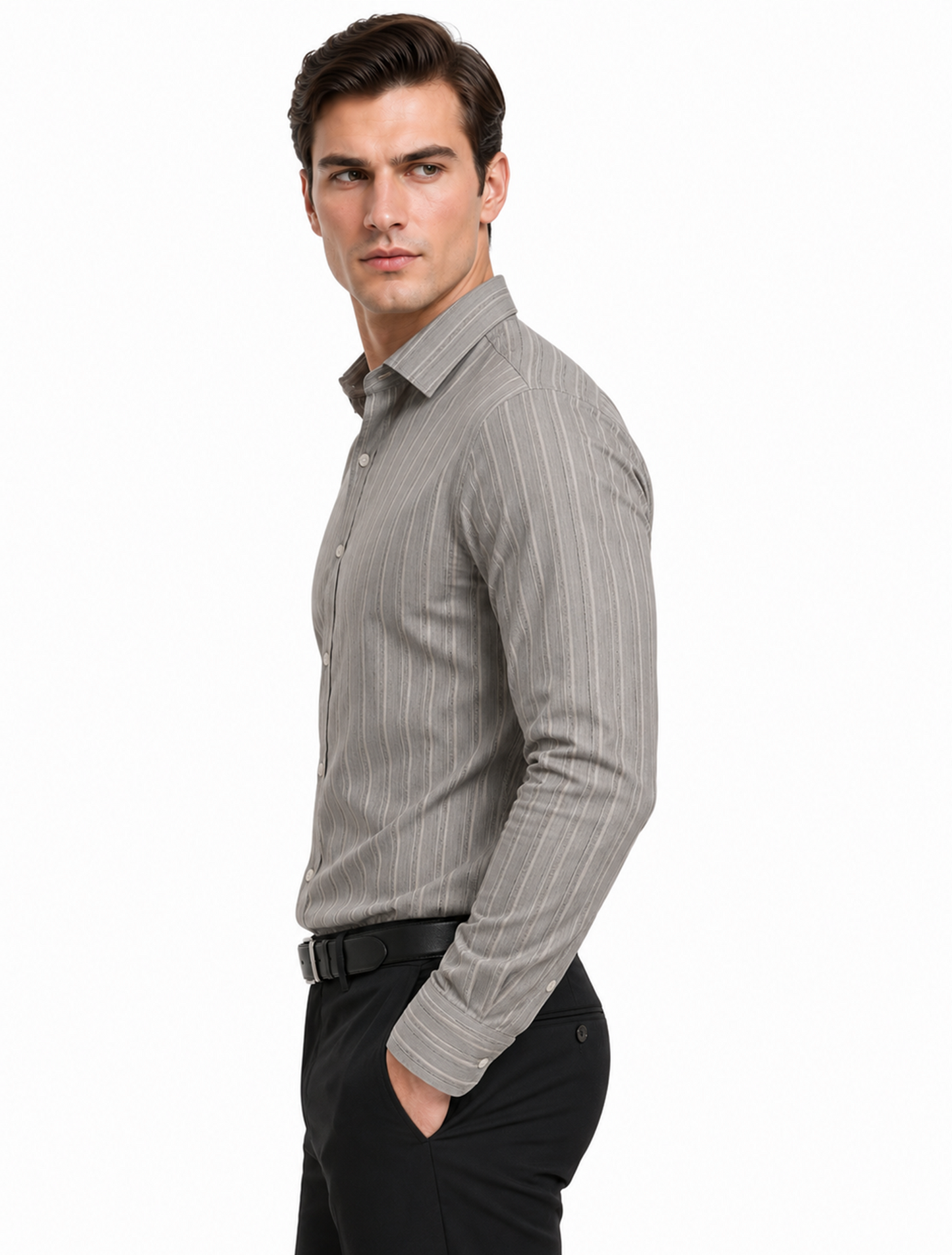 Premium Grey Textured Vertical Stripe Cotton Shirt